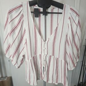 Striped V-Neck Blouse - Red and White